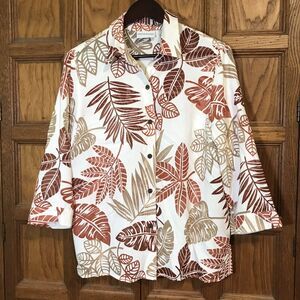 Alfred Dunner Women's 10 Cream Tan & Rust Sheer Blouse 3/4 Sleeve Button-Up Top